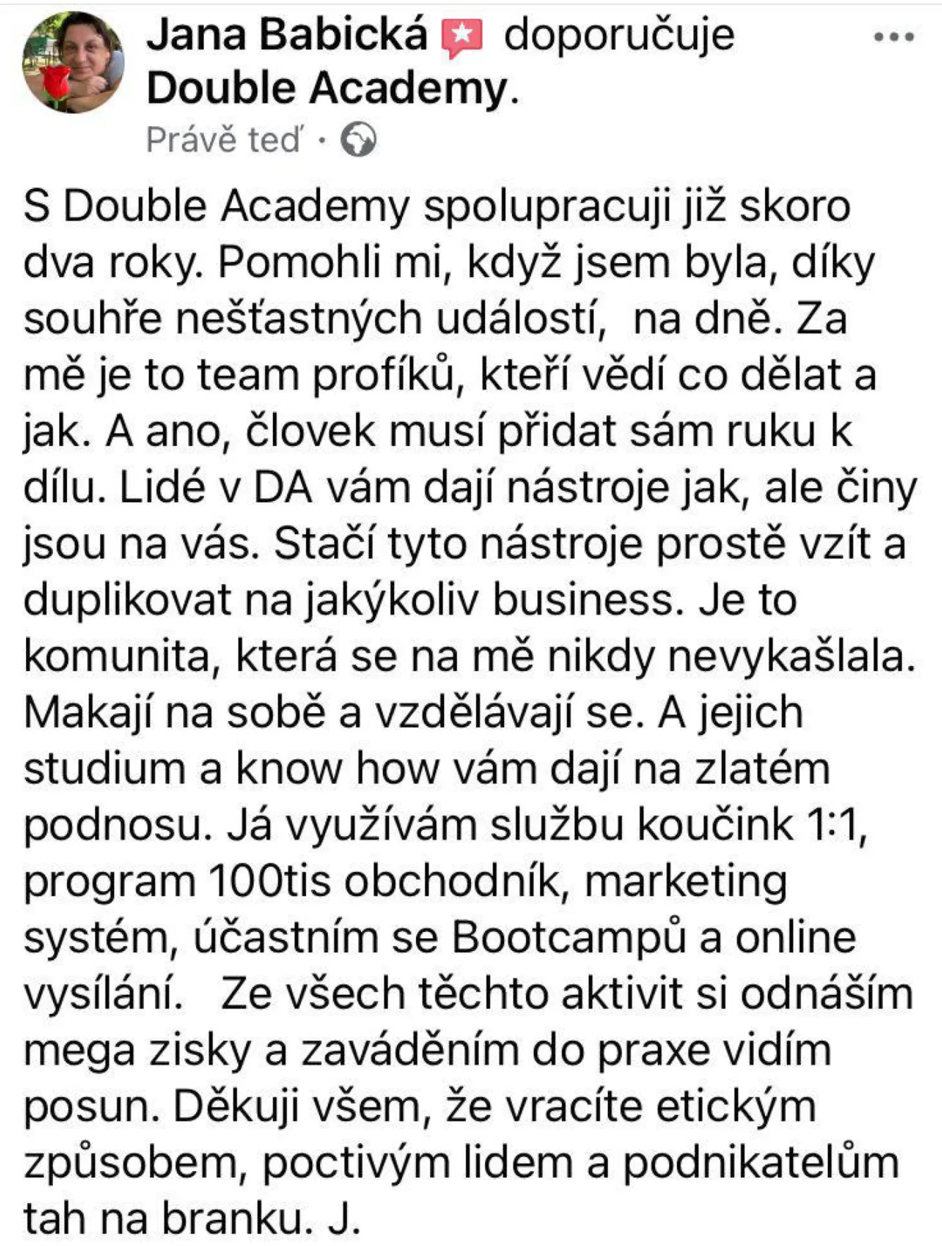 Snímek facebookového doporučení Jany Babické, která s Double Academy spolupracuje skoro dva roky.