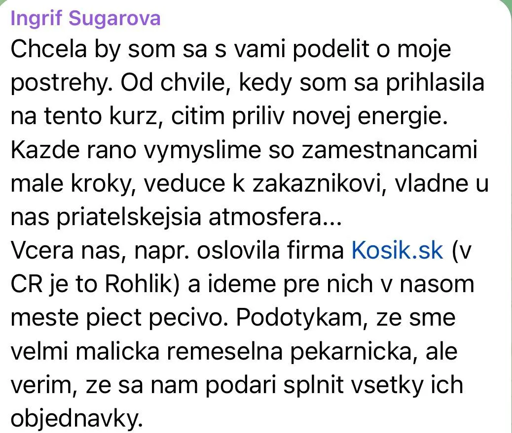 Snímek zprávy od Ingrif Sugarové, která děkuje za kurz a popisuje, že cítí příliv nové energie a získala zakázku od firmy Kosik.sk.
