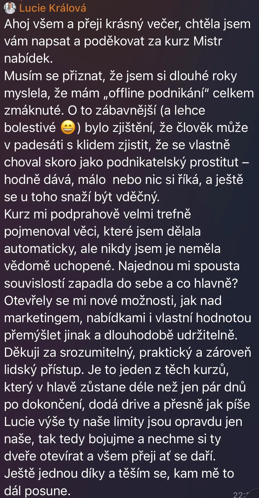 Snímek zprávy Lucie Králové, která děkuje za kurz Mistr nabídek a nové možnosti v marketingu a nabídkách.