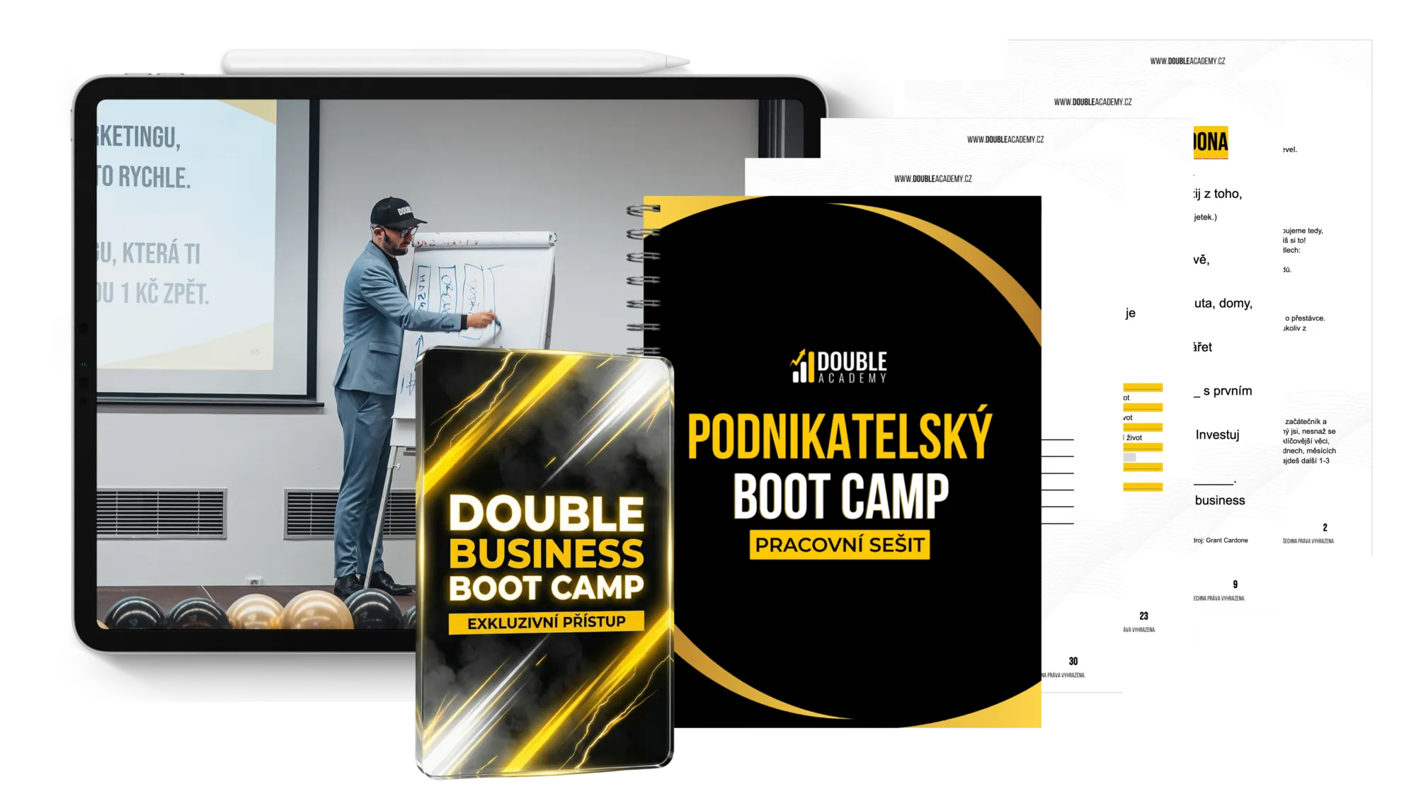 Sestava materiálů Double Business Boot Camp: tablet se záběrem z přednášky, černý pracovní sešit Podnikatelský Boot Camp a stránky s podklady.