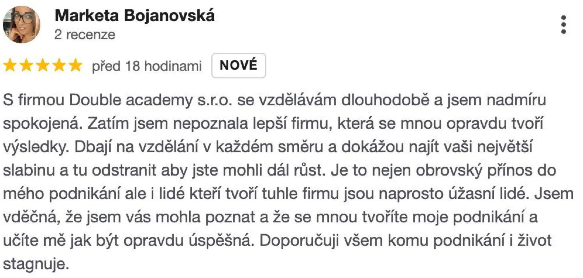 Snímek pětihvězdičkové Google recenze Markety Bojanovské, která je s Double Academy nadmíru spokojená.