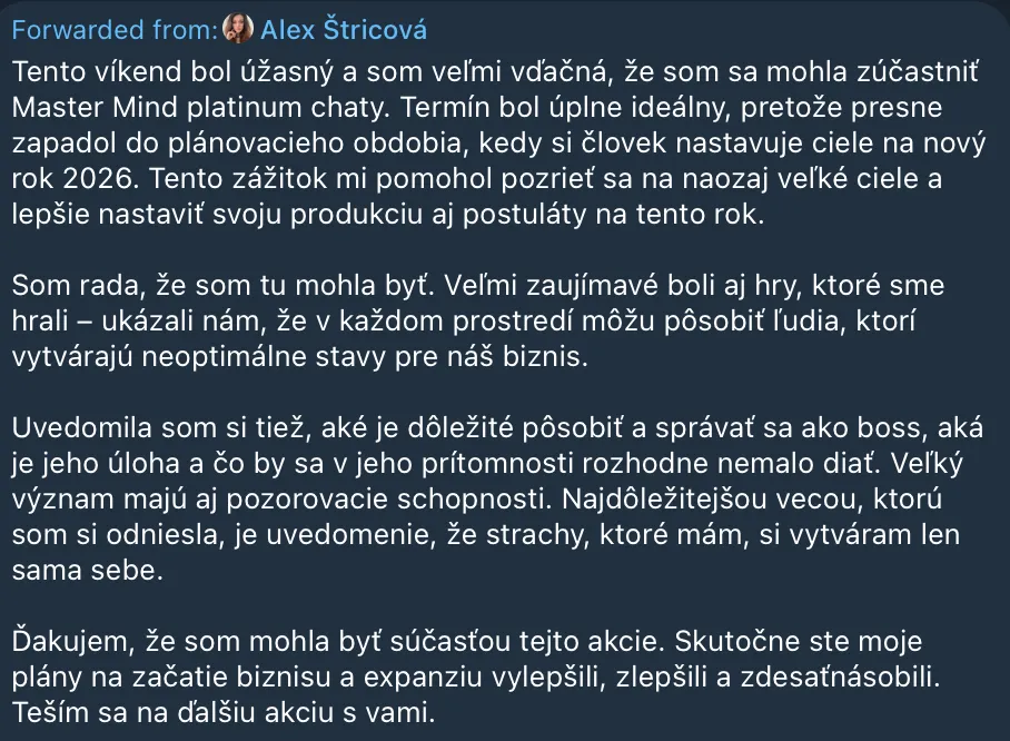 Snímek přeposlané zprávy Alex Štricové, která děkuje za víkend Master Mind platinum chaty a nastavení cílů na rok 2026.