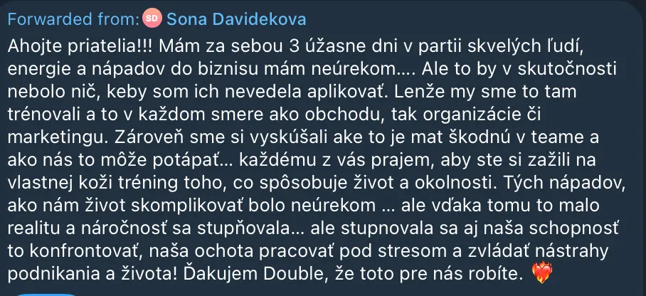 Přeposlaná zpráva od Sony Davidekové, která děkuje za tři intenzivní dny plné tréninku, energie a nápadů pro podnikání.