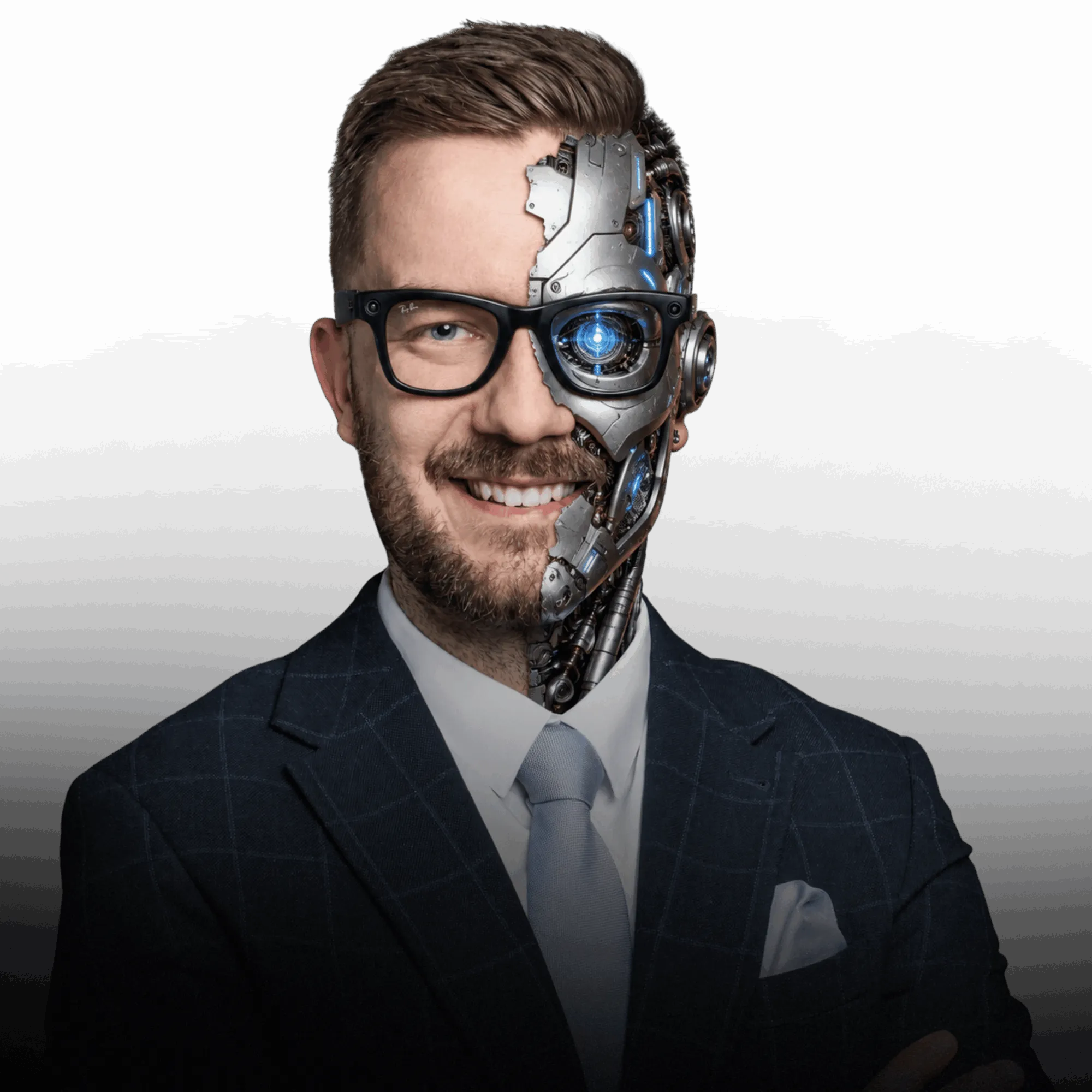 Usměvavý muž v brýlích a obleku, jehož polovina obličeje je proměněna v robota s modře svítícím okem.
